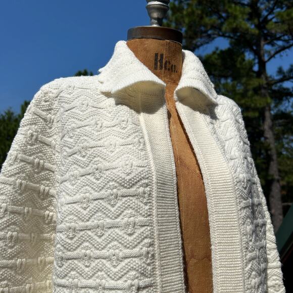 Vintage 60s Scalloped Collar Chunky Knit Long Cardigan Duster Sweater Robe M L - Picture 8 of 8